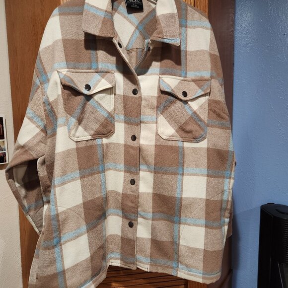 HFX Flannel Shirt Jacket Women's XL Plaid Brown Neutral Relaxed Fit Warm Shell - Picture 1 of 11